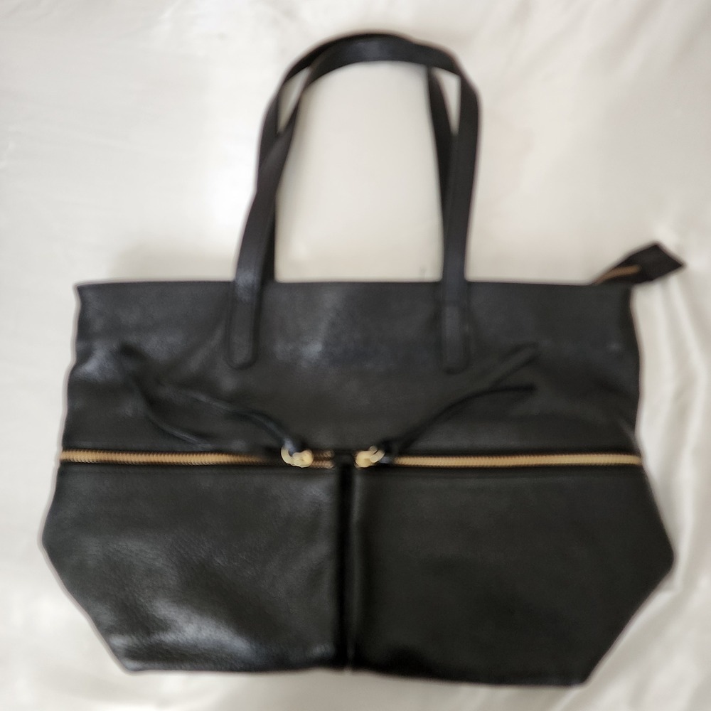Jacky Celine Black Pebbled Leather Tote Bag Gold Hardware Zipper Pockets